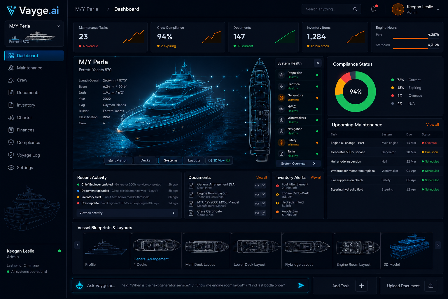 Vayge Captain dashboard — vessel profile, deck plans, maintenance, compliance, and zone-scoped AI